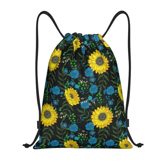Kdxio Sunflowers And Blue Flower Print Drawstring Backpack Bag,Waterproof Draw String Back Sack, Gym Drawstring Bags Swim Bag For Unisex