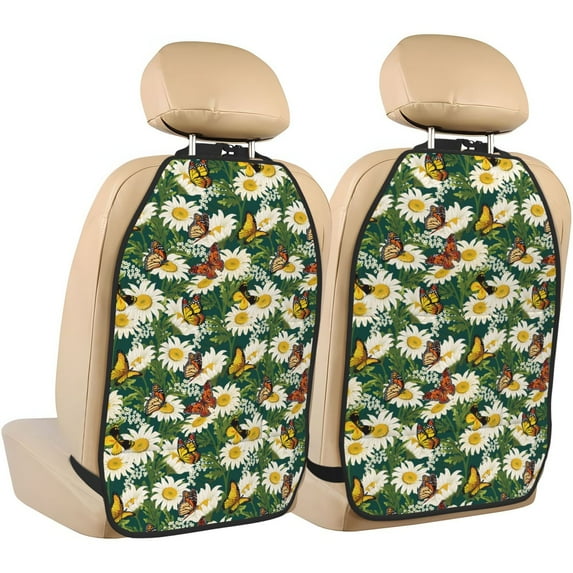 Kdxio Sunflowers And Butterflies Print 2 Pack Car Kick Mat Seat Cover Back Protector Mat with Pockets for Organizer Backseat Protector and Storage Anti Kick Pad for Vehicles