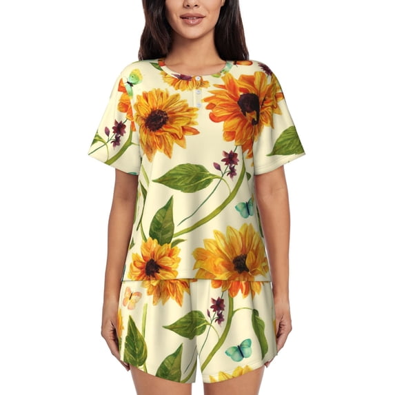 Kdxio Sunflowers And Butterflies Print Pajamas Sets for Women Short-Sleeved Pjs with Lounge Shorts Two Piece Sleepwear S-4XL