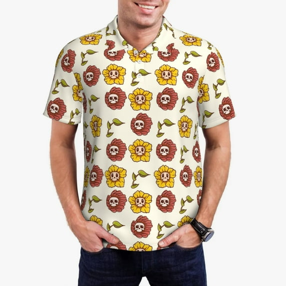 Kdxio Sunflowers And Skull Print Men's Short Sleeve Polo Shirt,Midweight Men's Shirt