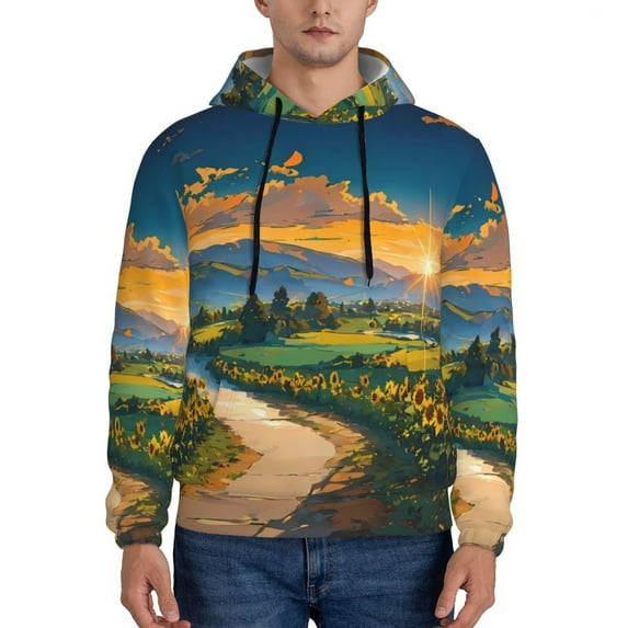 Kdxio Sunflowers At Sunset Print Mens Casual Hooded Collar Drawstring Hoodies Pullover Sweatshirts Casual Long Sleeve Shirts-Small