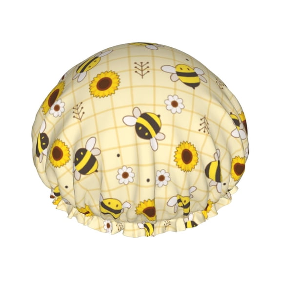 Kdxio Sunflowers Bee Print Shower Cap for Women,Elastic and Reusable,Double Waterproof Layers Bathing Hat