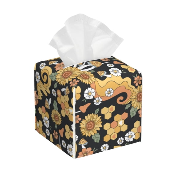 Kdxio Sunflowers Bee Print Tissue Box Cover,Square Decorative PU Leather Facial Paper Case Organizer Holder Dispenser for Bathroom,Night Stands,Desk,Car 5.2''X5.2''X5.2''