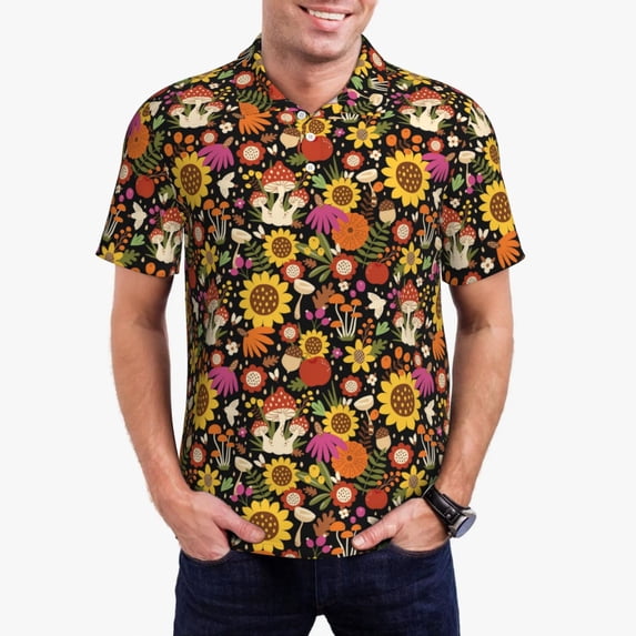 Kdxio Sunflowers Mushrooms Print Men's Short Sleeve Polo Shirt,Midweight Men's Shirt