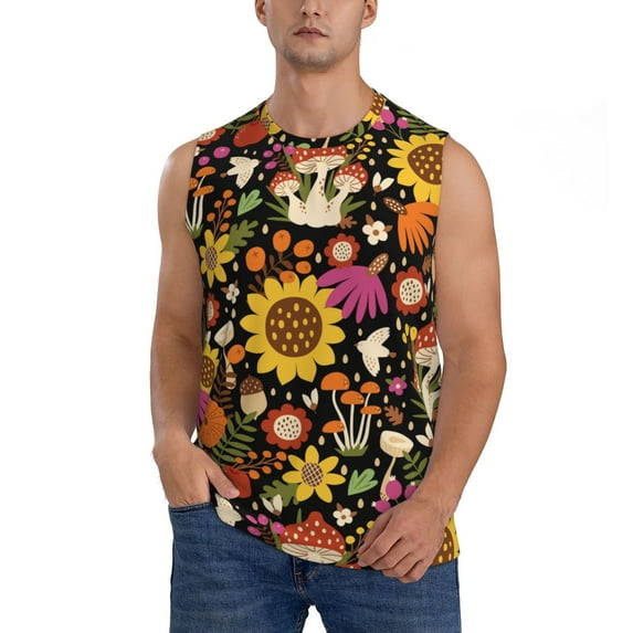 Kdxio Sunflowers Mushrooms for Men's Muscle T-shirt,Sleeveless for Workout Running Athletic Gym Lounge Casual