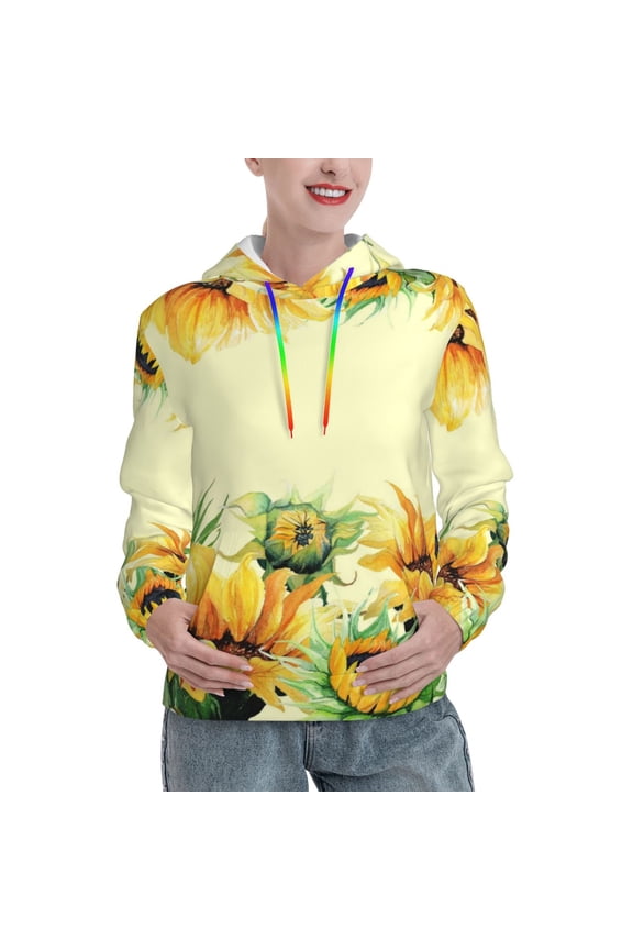 Sunflowers On A Yellow Background Print Womens Oversized Hoodies Sweatshirts Hooded Pullover Tops Sweaters Casual-Small
