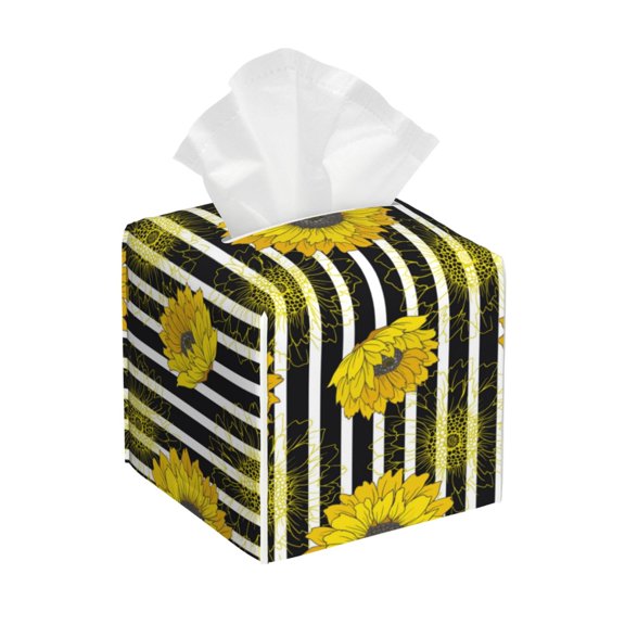 Kdxio Sunflowers On Black And White Stripes Print Tissue Box Cover,Square Decorative PU Leather Facial Paper Case Organizer Holder Dispenser for Bathroom,Night Stands,Desk,Car 5.2''X5.2''X5.2''