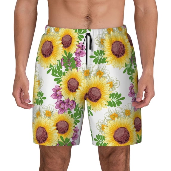 Kdxio Sunflowers Print Men's Swim Trunks with Compression Liner 7 Inch Inseam Quick Dry Swim Shorts