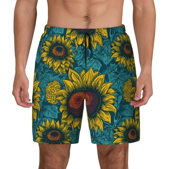 Kdxio Sunflowers Print Men's Swim Trunks with Compression Liner 7 Inch Inseam Quick Dry Swim Shorts