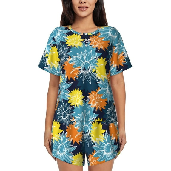 Kdxio Sunflowers Print Pajamas Sets for Women Short-Sleeved Pjs with Lounge Shorts Two Piece Sleepwear S-4XL