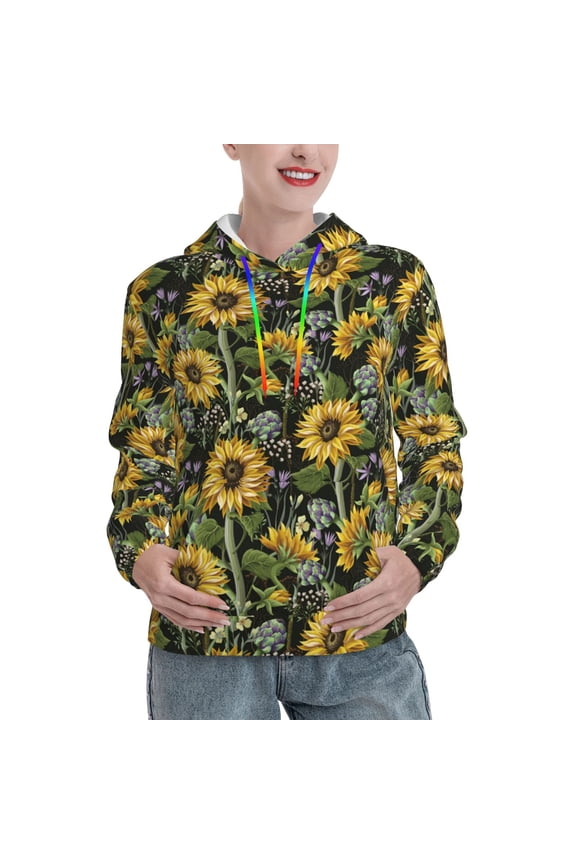 Sunflowers Print Womens Oversized Hoodies Sweatshirts Hooded Pullover Tops Sweaters Casual-Medium