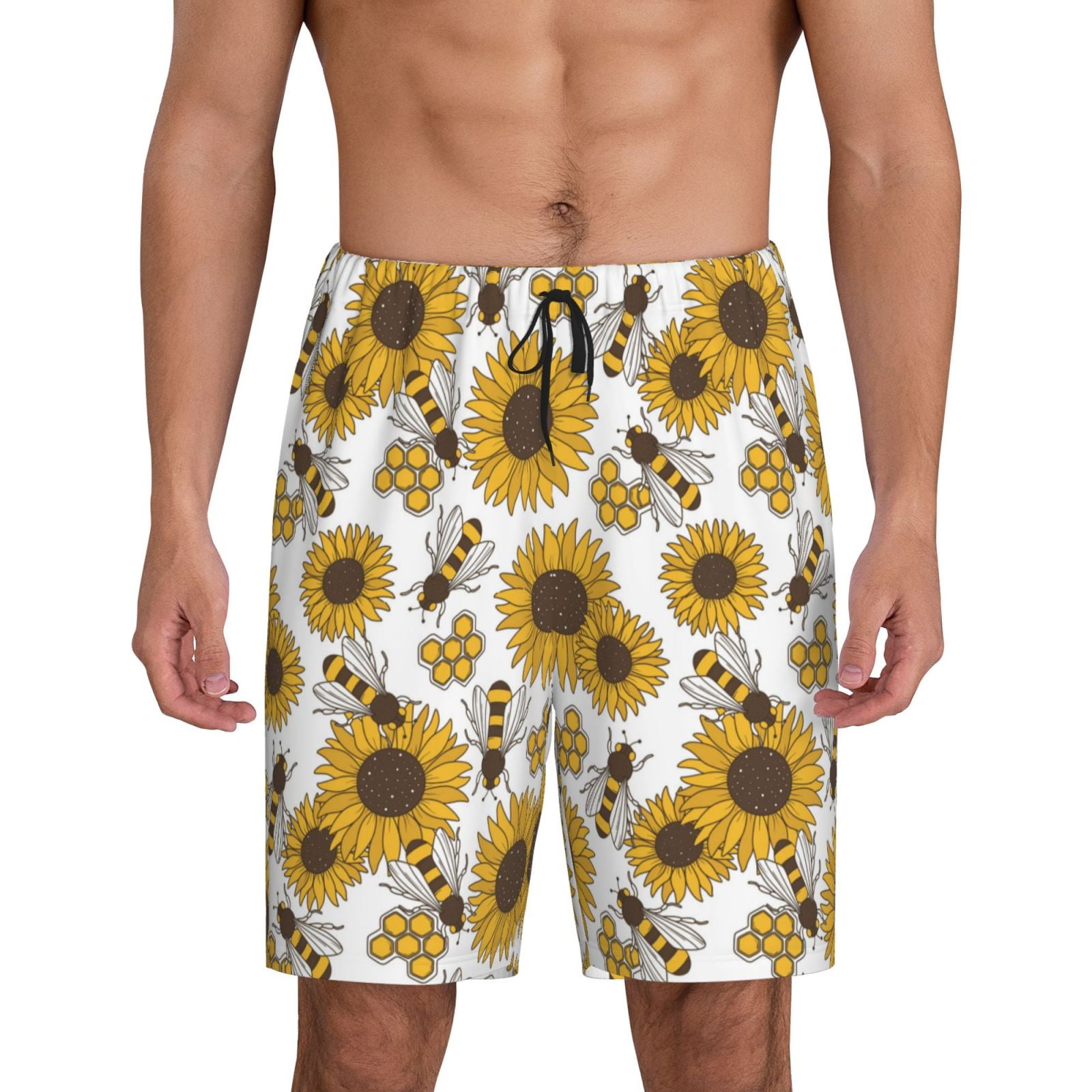 Kdxio Sunflowers and Bees Print Mens Sleep Shorts Bottoms Soft Comfy