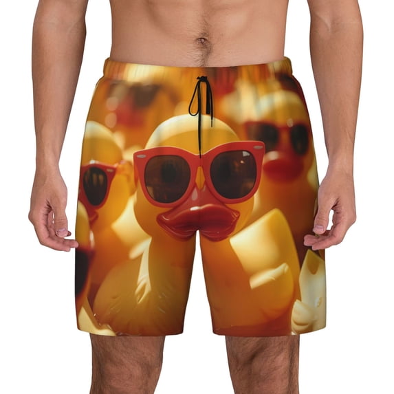 Kdxio Sunglasses Yellow Duck Print Men's Swim Trunks with Compression Liner 7 Inch Inseam Quick Dry Swim Shorts