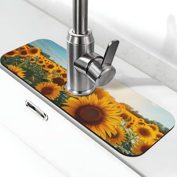 Kdxio Sunlit Sunflower Field Pattern Non-Slip Diatom Mud Faucet Drain Pad,Self Absorbent Mat for Kitchen Sink for Variety Kitchen & Bathroom Countertops
