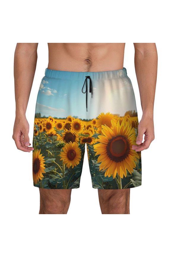 Sunlit Sunflower Field Print Men's Swim Trunks with Compression Liner 7 Inch Inseam Quick Dry Swim Shorts