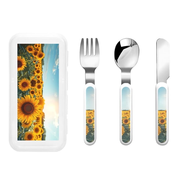 Kdxio Sunlit Sunflower Field Toddler Utensils Set - Kids Silverware Set, Set Kids Utensils Set with Case for Preschooler Children