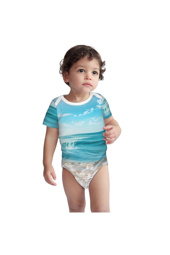 Sunny Ocean Waves Pattern Unisex Baby Cotton Short Sleeve Bodysuits-18 Months