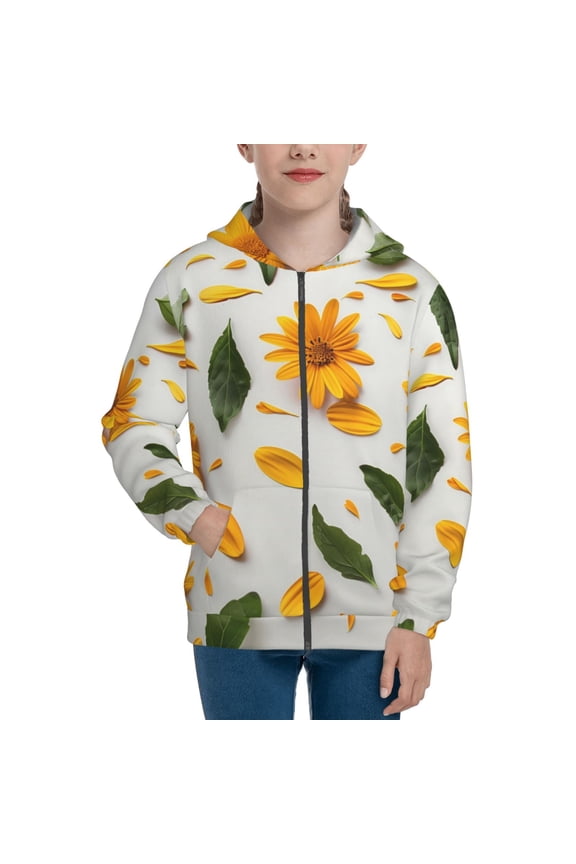 Sunny Yellow SunFlower Pattern Kids Boys Girls Zip Up Hoodie 3D Printed Hooded Sweatshirt Hoody Coat with Pocket 7-12 Y-Small