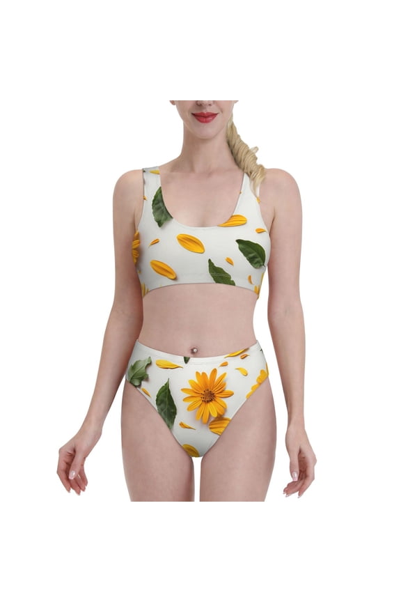 Sunny Yellow SunFlower for Womens High Waisted Bikini Top Sports Style Two Piece Bathing Suits