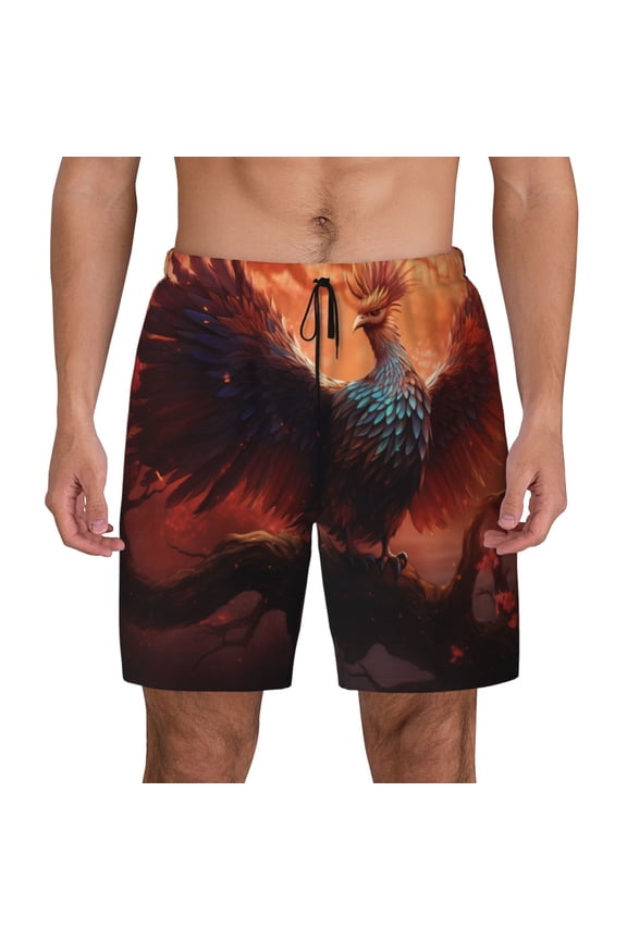 Sunset Blossoms Phoenix Perch Print Men's Swim Trunks with Compression Liner 7 Inch Inseam Quick Dry Swim Shorts