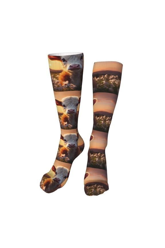 Sunset Calf Flower Field Funny Silky Novelty Funky Long Knee High Socks Soft 3D Print Cosplay Crazy Stockings for Men Women
