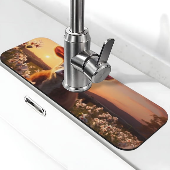 Kdxio Sunset Calf Flower Field Pattern Non-Slip Diatom Mud Faucet Drain Pad,Self Absorbent Mat for Kitchen Sink for Variety Kitchen & Bathroom Countertops
