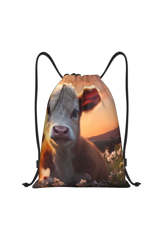 Sunset Calf Flower Field Print Drawstring Backpack Bag,Waterproof Draw String Back Sack, Gym Drawstring Bags Swim Bag For Unisex