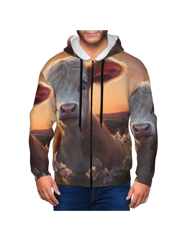 Sunset Calf Flower Field Print Men Hoodies Casual Hoodies for Men with Zip Pockets Full Zip Long Sleeve Sweatshirt Sports Hooded Jacket-XX-Large