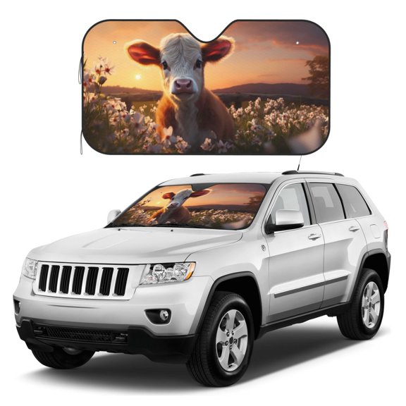 Kdxio Sunset Calf Flower Field Print Windshield Sun Shade, Foldable Sun Blocker for Car,Truck,SUV Automotive Interior Sun Protection,Reflective Shade for Front Windshield(Medium)
