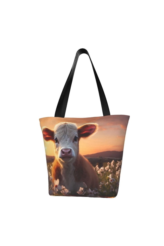 Sunset Calf Flower Field Women Reusable Grocery Bags Foldable Ripstop,Reusable Shopping Bags for Shopping,Gym,Gift