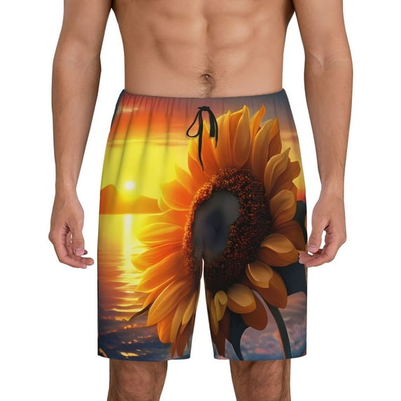Kdxio Sunset Coast Sunflower Print Mens Sleep Shorts Bottoms Soft Comfy Pajama Wear Pants with Drawstring Pockets