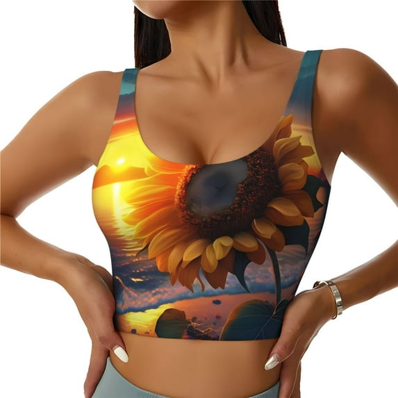 Kdxio Sunset Coast Sunflower Print Workout Crop Tank Top for Women Racerback Yoga Tank Tops Athletic Sports Shirts Exercise Undershirts