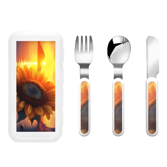 Kdxio Sunset Coast Sunflower Toddler Utensils Set - Kids Silverware Set, Set Kids Utensils Set with Case for Preschooler Children