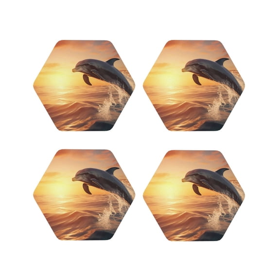 Kdxio Sunset Dancing Dolphin A Funny Coasters,4 Pcs Leather Coasters,Housewarming Gifts,Protect Furniture from Water Marks Scratch and Damage