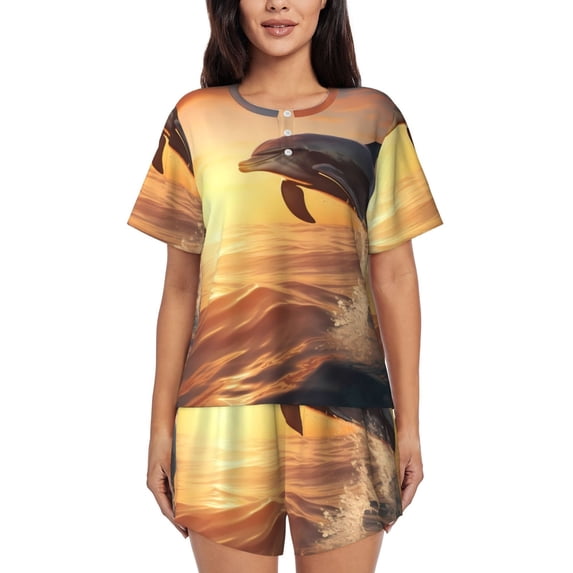 Kdxio Sunset Dancing Dolphin A Print Pajamas Sets for Women Short-Sleeved Pjs with Lounge Shorts Two Piece Sleepwear S-4XL