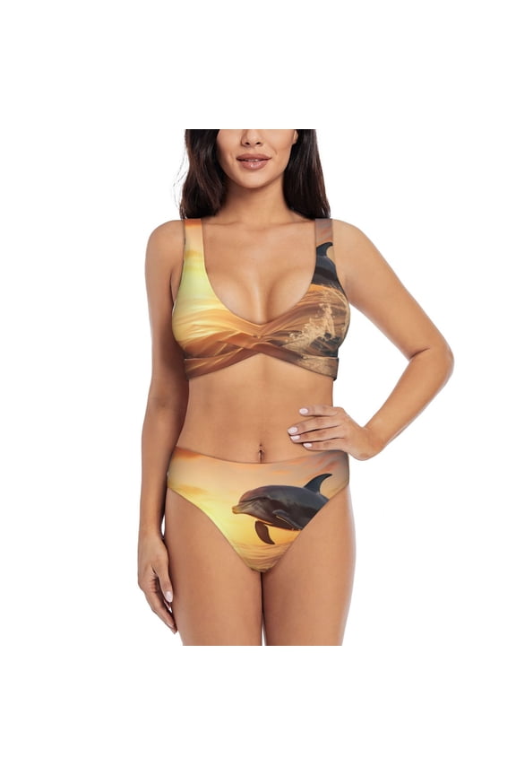 Sunset Dancing Dolphin A Print Women's 2 Piece High Waisted Wrap Spaghetti Strap Summer Swimsuit Bikini Set-Large