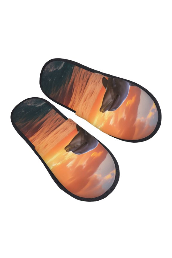 Sunset Dancing Dolphin B Pattern Slippers for Women Memory Foam Fuzzy House Slippers Bedroom Non-slip Warm Womens Slippers