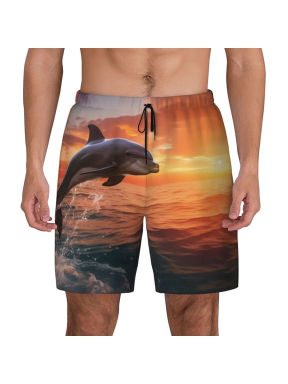 Sunset Dancing Dolphin B Print Men's Swim Trunks with Compression Liner 7 Inch Inseam Quick Dry Swim Shorts