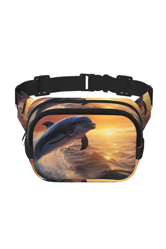 Sunset Dancing Dolphin Crossbody Double Layer Waist Bag Belt Bag for Unisex Fanny Pack Fashion Waist Packs for Hiking Running Shopping Traveling