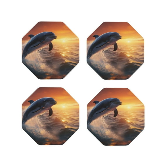 Kdxio Sunset Dancing Dolphin Funny Coasters,4 Pcs Leather Coasters,Housewarming Gifts,Protect Furniture from Water Marks Scratch and Damage