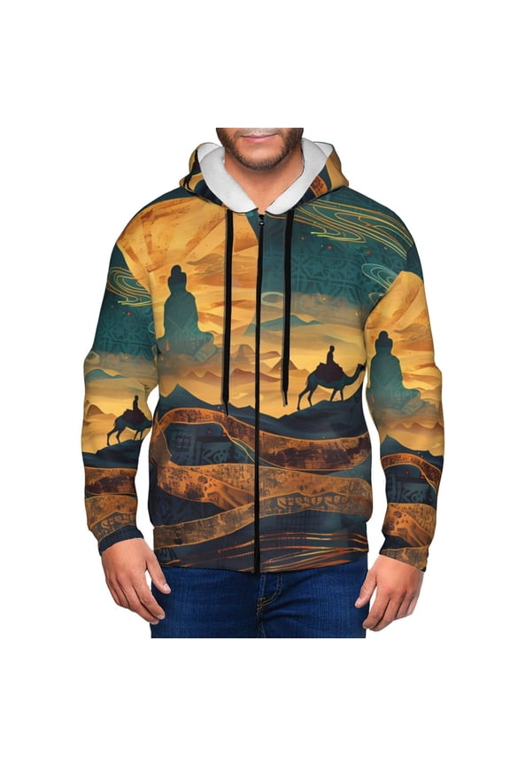 Sunset Desert Journey Print Men Hoodies Casual Hoodies for Men with Zip Pockets Full Zip Long Sleeve Sweatshirt Sports Hooded Jacket-Small