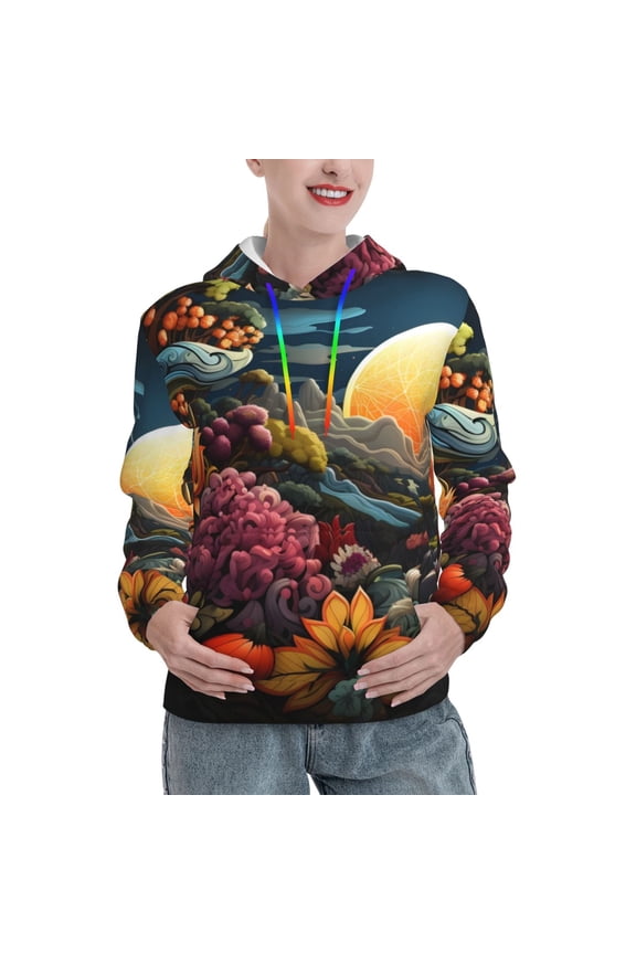 Sunset Floral Fantasy Landscape Print Womens Oversized Hoodies Sweatshirts Hooded Pullover Tops Sweaters Casual-Large