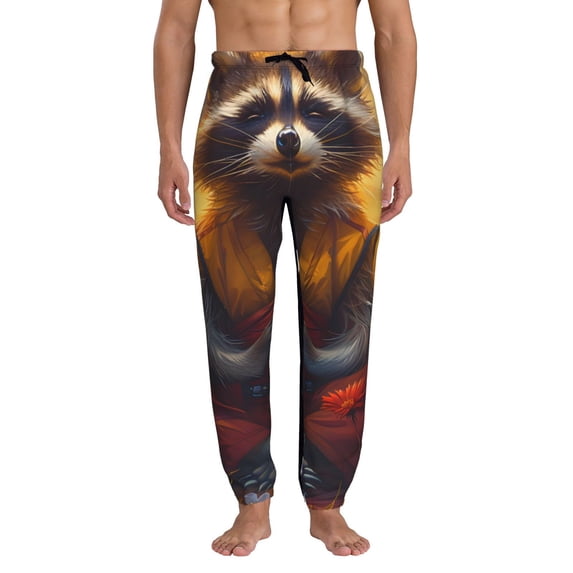 Kdxio Sunset Flower Meditating Raccoon Pattern Joggers,Sweatpants for Men with Pockets-XX-Large