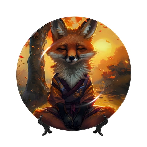 Kdxio Sunset Maple Tree Fox Bone China Decorative Plate Ceramic Decorative Plate for Home Office Wall Stand Decorative Plates for Home Bedroom-8in