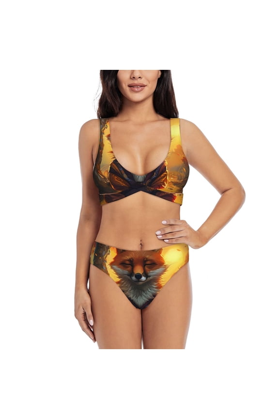 Sunset Maple Tree Fox Print Women's 2 Piece High Waisted Wrap Spaghetti Strap Summer Swimsuit Bikini Set-Medium