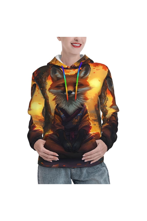 Sunset Maple Tree Fox Print Womens Oversized Hoodies Sweatshirts Hooded Pullover Tops Sweaters Casual-Small