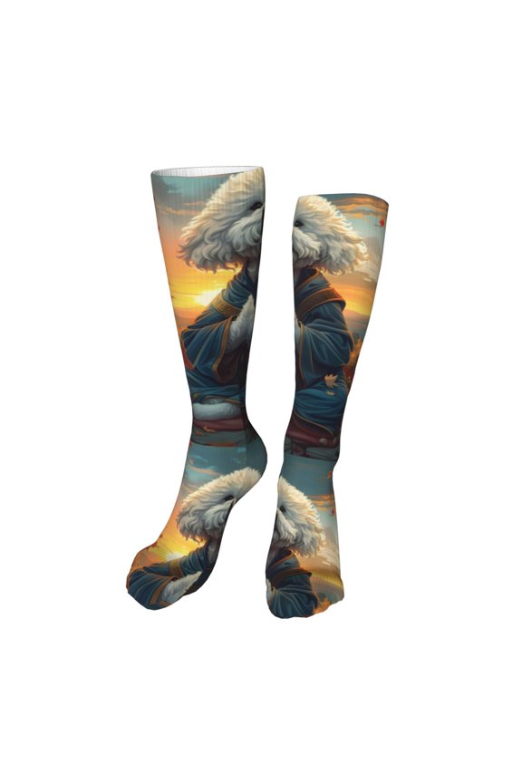 Sunset Meditating Bichon Frise Funny Silky Novelty Funky Long Knee High Socks Soft 3D Print Cosplay Crazy Stockings for Men Women