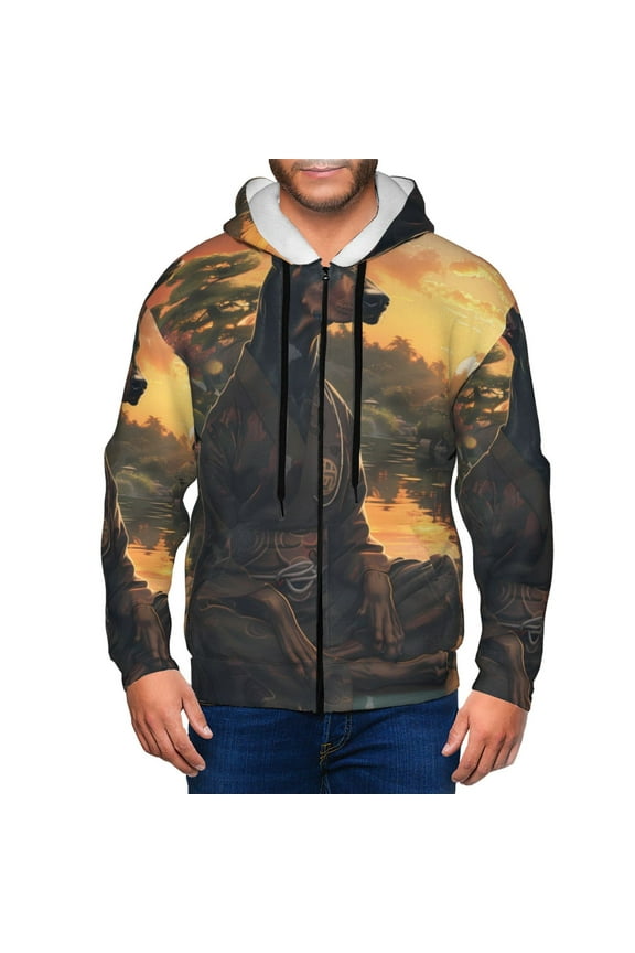 Sunset Meditating Doberman Print Men Hoodies Casual Hoodies for Men with Zip Pockets Full Zip Long Sleeve Sweatshirt Sports Hooded Jacket-3X-Large