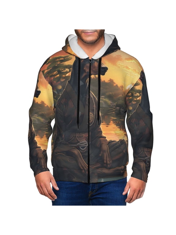 Sunset Meditating Doberman Print Men Hoodies Casual Hoodies for Men with Zip Pockets Full Zip Long Sleeve Sweatshirt Sports Hooded Jacket-XX-Large