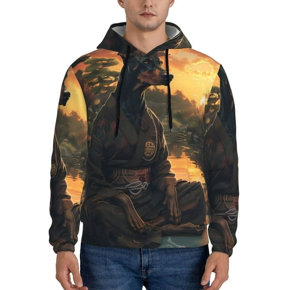 Kdxio Sunset Meditating Doberman Print Mens Casual Hooded Collar Drawstring Hoodies Pullover Sweatshirts Casual Long Sleeve Shirts-4X-Large